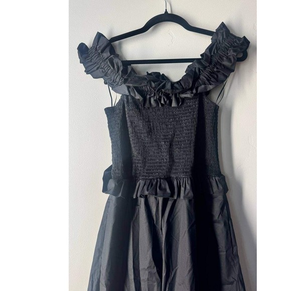Caroline Constas Black Smocked Poplin Ruffle Tiered Off the Shoulder Dress M - Picture 4 of 7